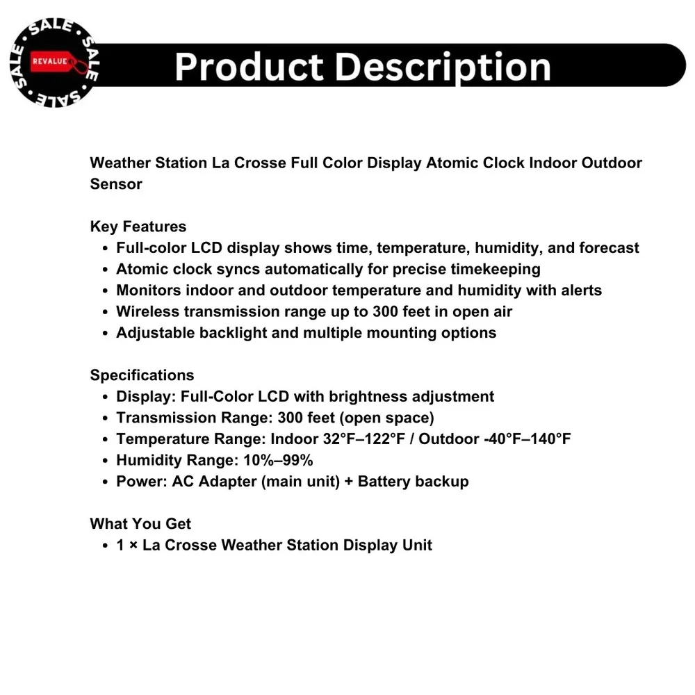 Weather Station La‎ Crosse Full Color Display Atomic Clock Indoor Outdoor Sensor
